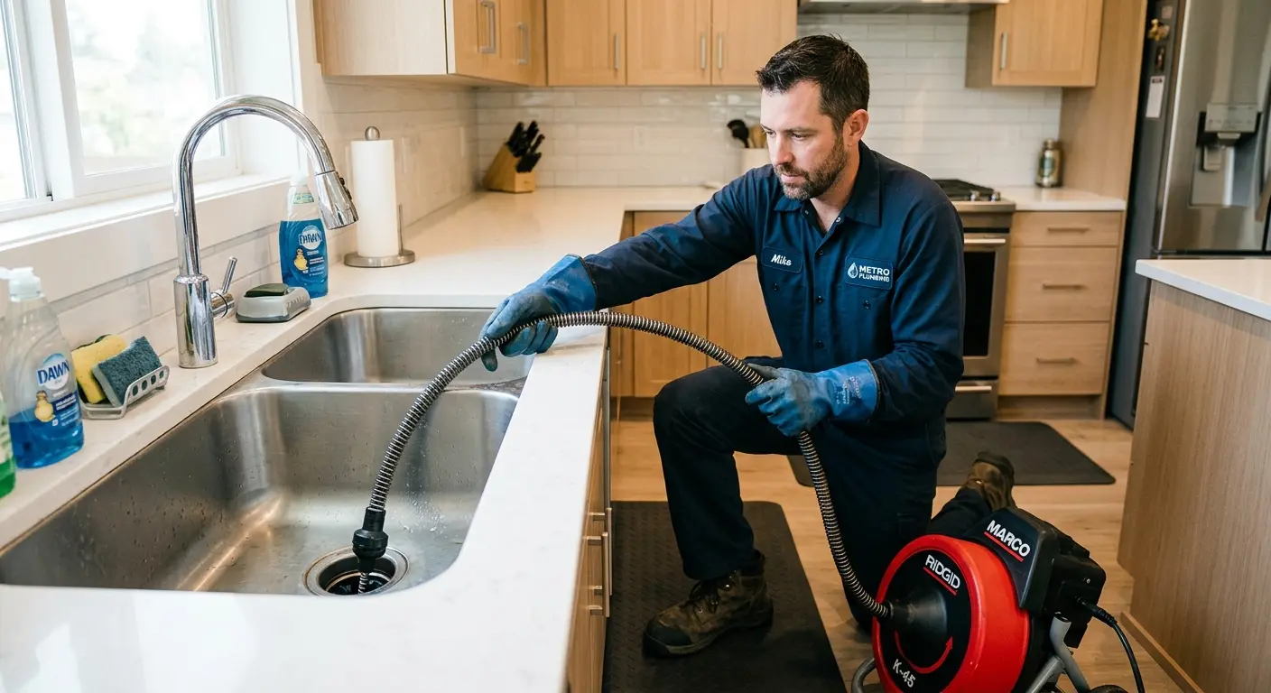 Drain cleaning technician using a motorized snake on a kitchen sink in Columbia Heights
