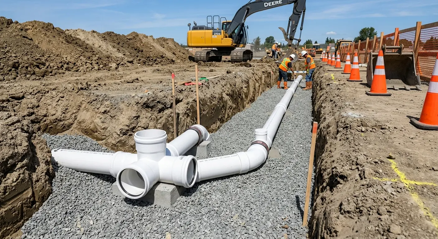New PVC sewer pipe installation in open trench for Sewer Backup in Columbia Heights