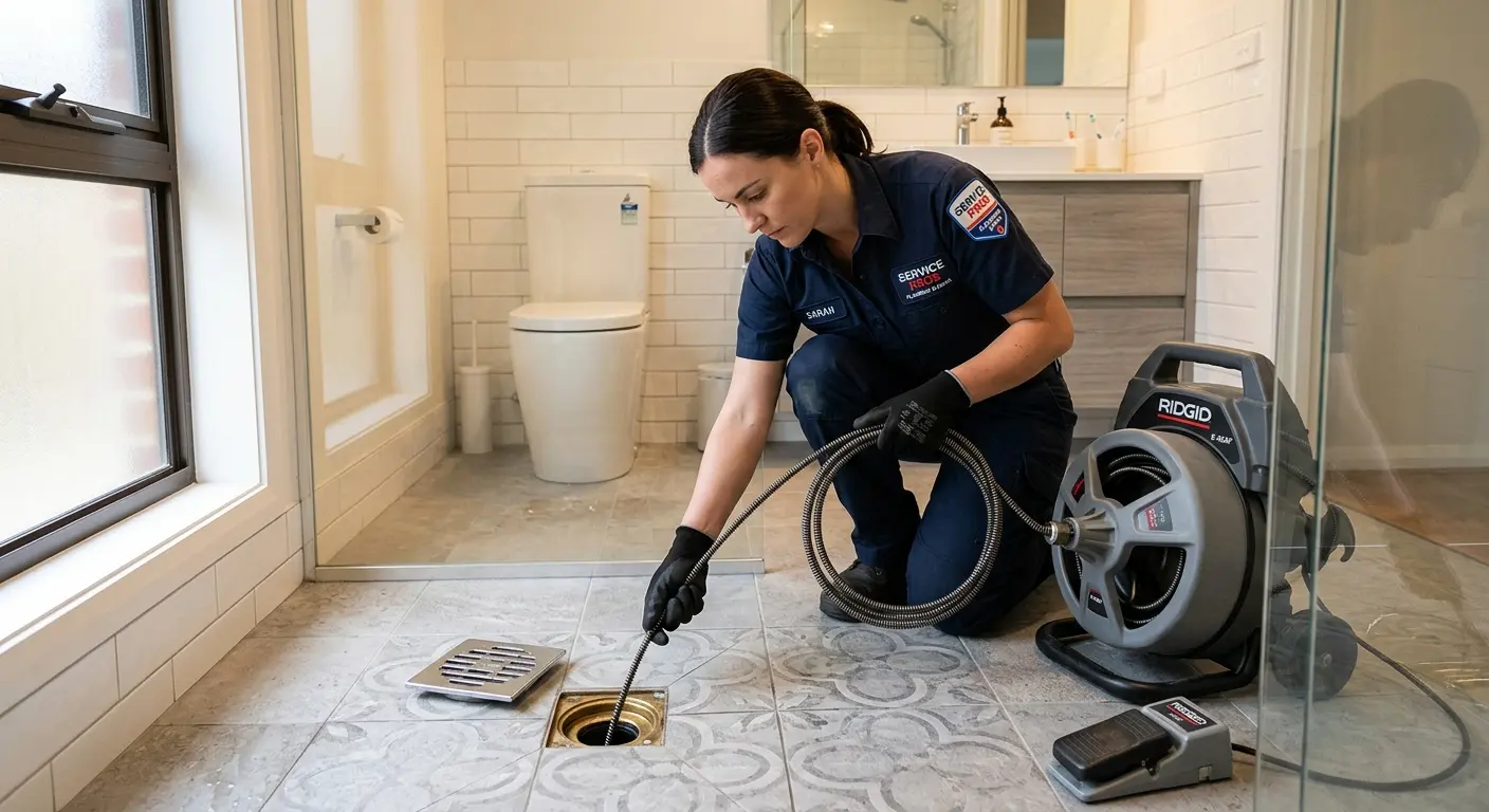 Technician clearing a bathroom floor drain for Sewer Line Installation in Columbia Heights